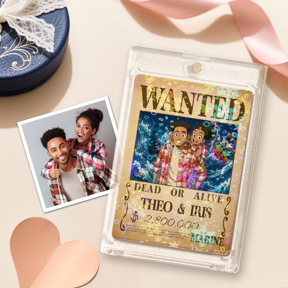 Custom Anime Bounty Couple Portrait Game Card, Personalized WANTED Bounty Card with Holographic Foil, Unique Gift for Couples & Friends