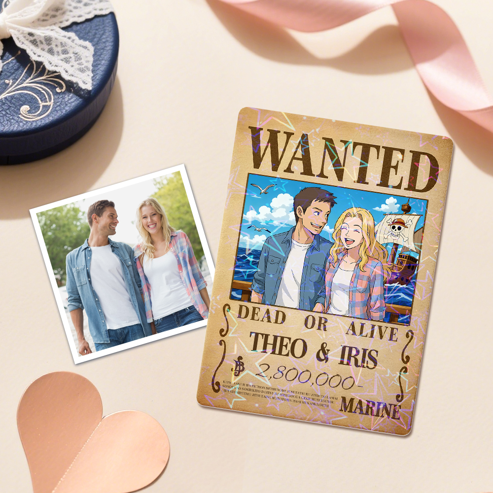 Custom Anime Bounty Couple Portrait Game Card, Personalized WANTED Bounty Card with Holographic Foil, Unique Gift for Couples & Friends