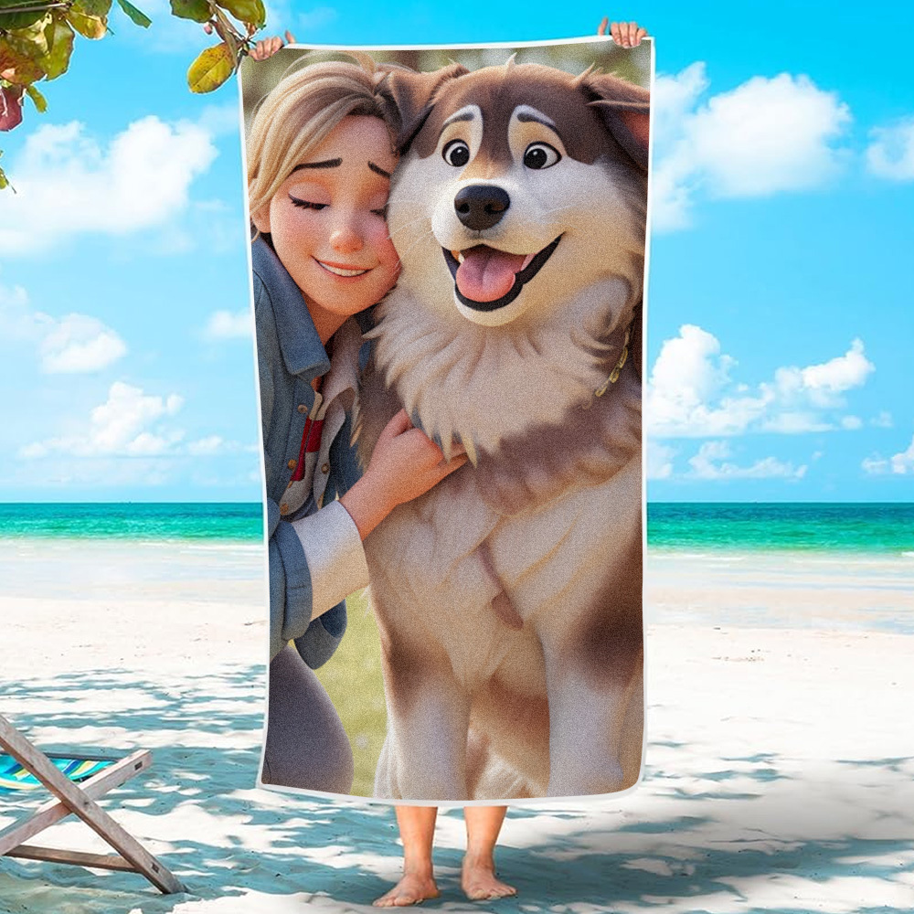 Custom Couple Photo 3D Cartoon Portrait Gift Photo Beach Towel - MyPhotoBoxer