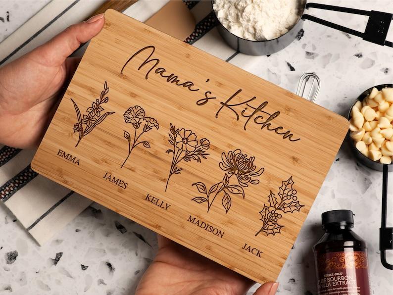 Personalized Gifts for Mom, Personalized Cutting Board, Birth Flower Mom Gifts from Daughter, Mama's Kitchen Grandmas Garden w/ Names