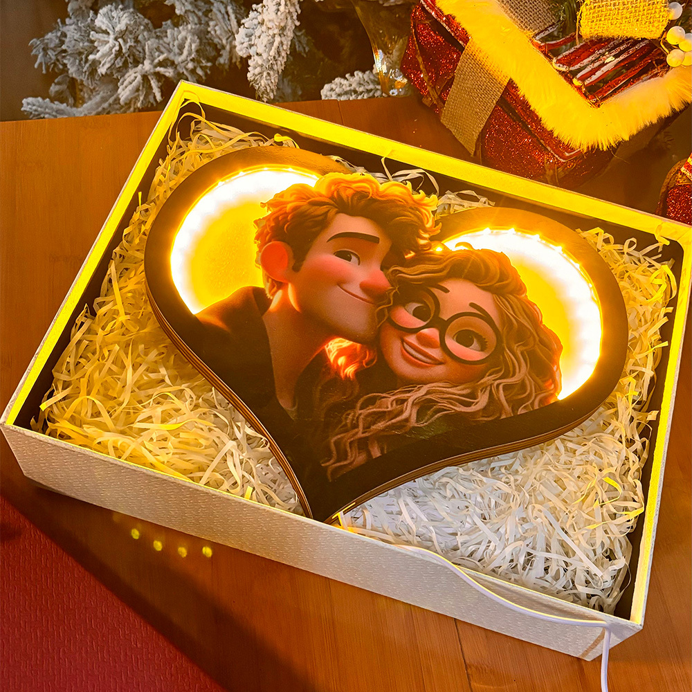Valentine's Day Gifts Personalized Heart Photo Cartoon Portrait Frame with LED - MyPhotoBoxer