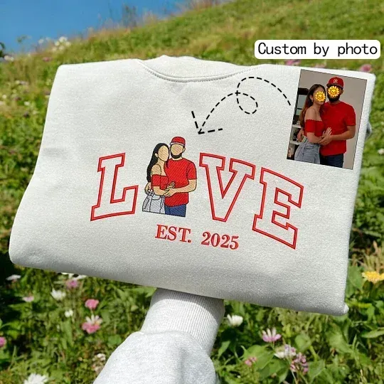 Personalized Embroidered Photo Couple LOVE Est Year Sweatshirt/Hoodie - FaceBoxerUK