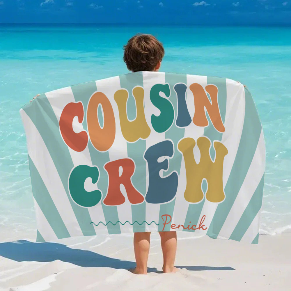 Personalized Cousin Beach Towel, Kids Custom Name Pool Towel, Cousin Vacation Crew Gift, Cousin Family Reunion Gift - FaceBoxerUK