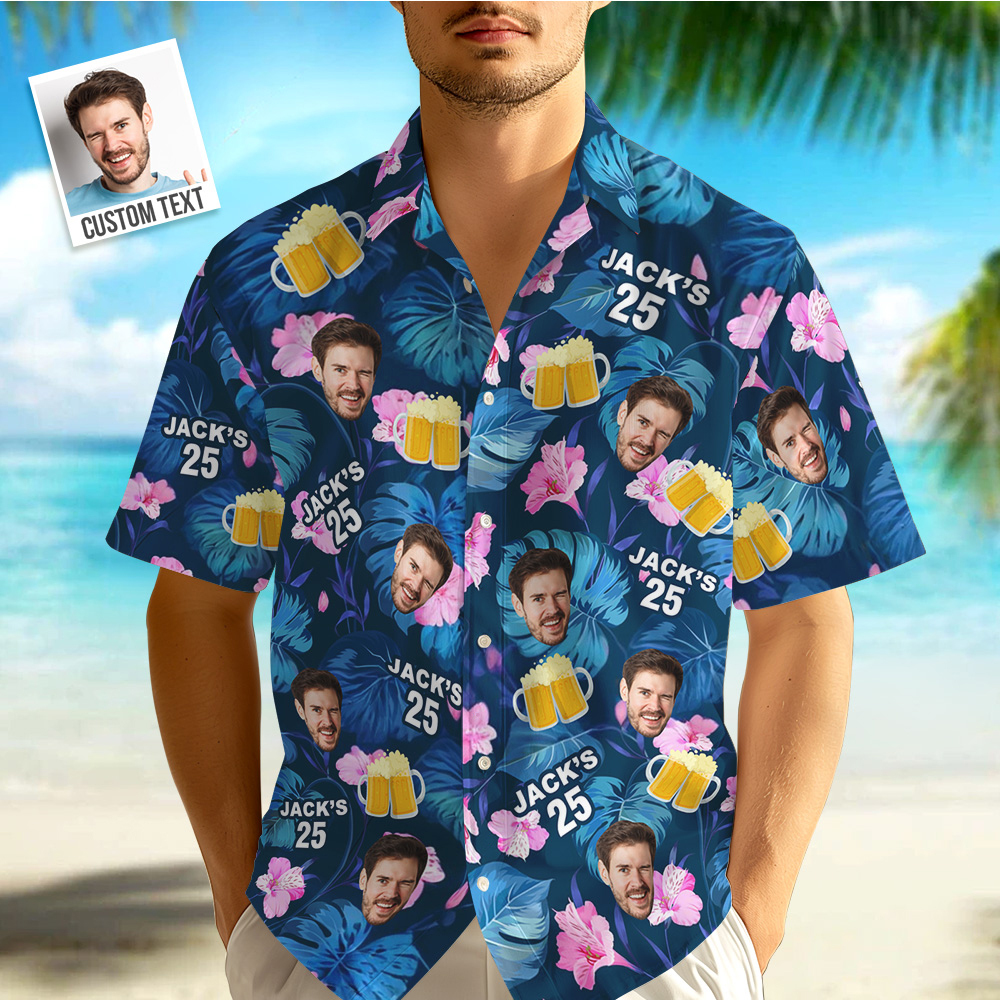 Custom Photo Birthday Shirt Personalized Tropical Plants & Beer Hawaiian Shirts With Age & Name Gift For Birthday - FaceBoxerUK