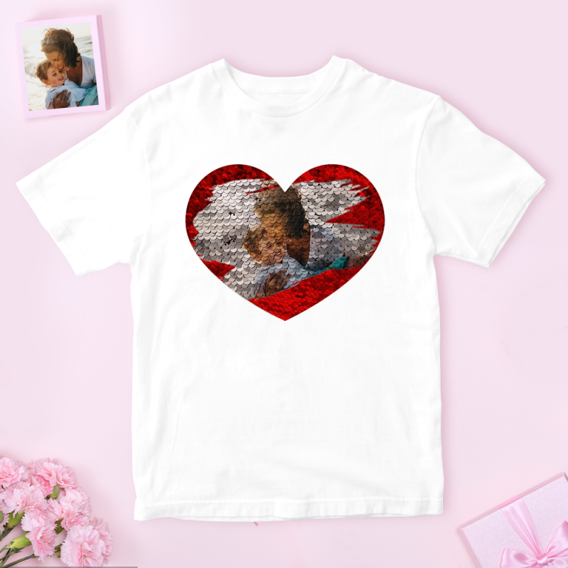 Custom Sequin T Shirt Personalised Heart shaped Photo Sequin T