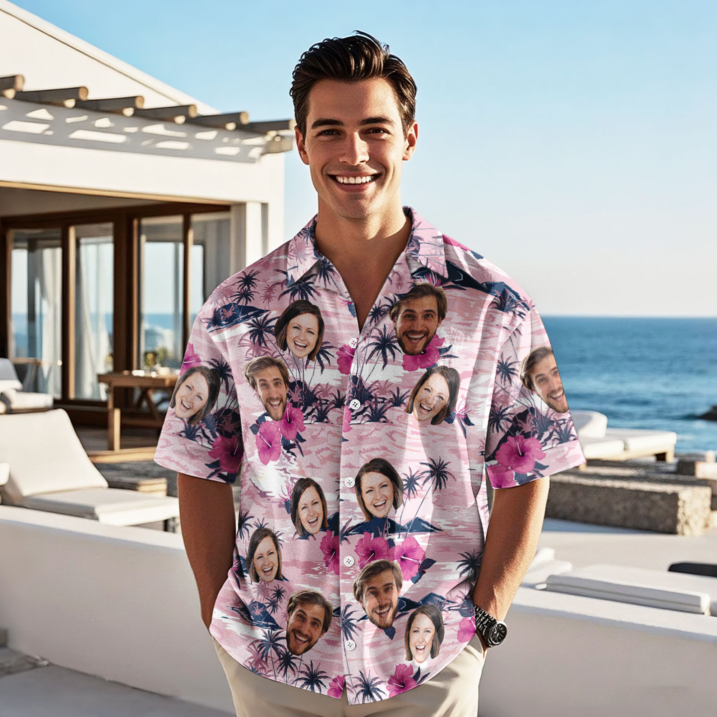 Custom Face Pink Flower Hawaiian Shirt Personalised Pink Flamingo Pattern Hawaiian Shirt Gift For Him - FaceBoxerUK