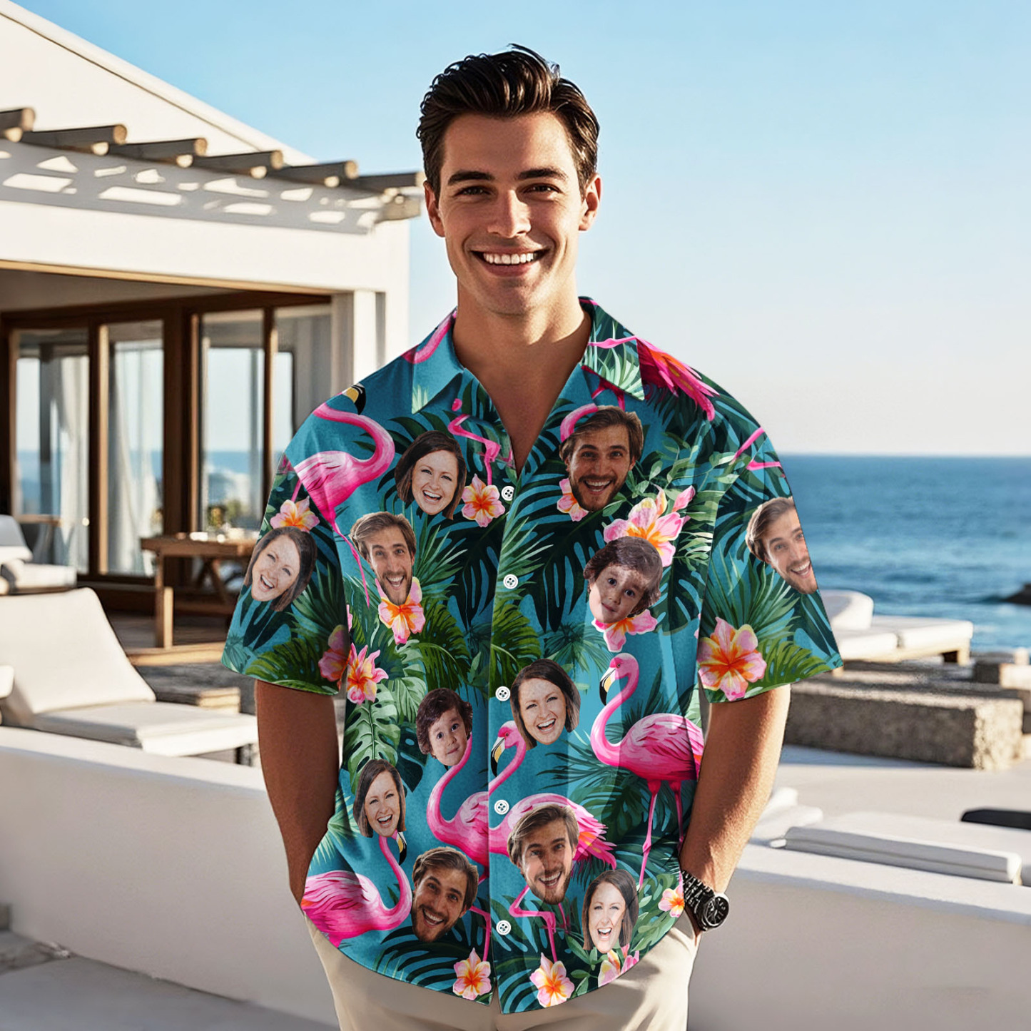 Custom Face Pink Flower Hawaiian Shirt Personalised Pink Flamingo Pattern Hawaiian Shirt Gift For Him - FaceBoxerUK