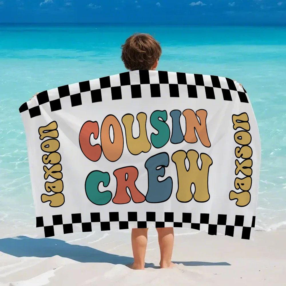 Personalized Cousin Crew Beach Towel, Custom Name Pool Bath Towel, Cousin Family Reunion Gift, Retro Checkered Beach Towel, Cousin Crew Beach Towel - FaceBoxerUK