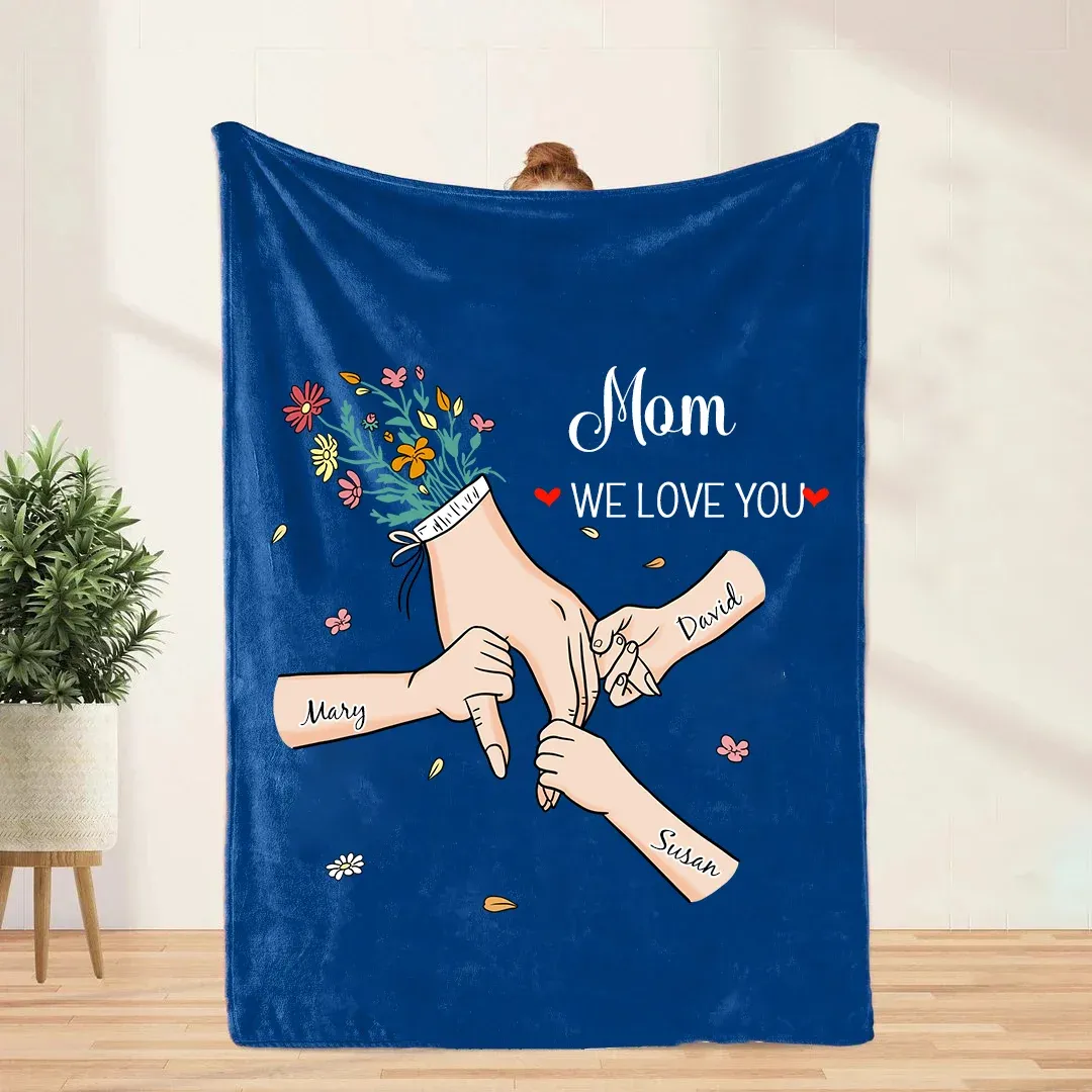 Custom Hand in Hand - MOM, We Love You Flannel & Sherpa Blanket – A Perfect Heartwarming Gift for Mom