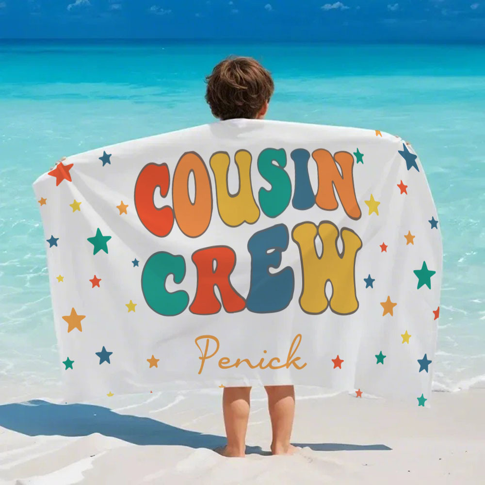 Personalized Cousin Beach Towel, Kids Custom Name Beach Towel, Cousin Vacation Crew Beach Towel Gift, Cousin Family Reunion Gift - FaceBoxerUK