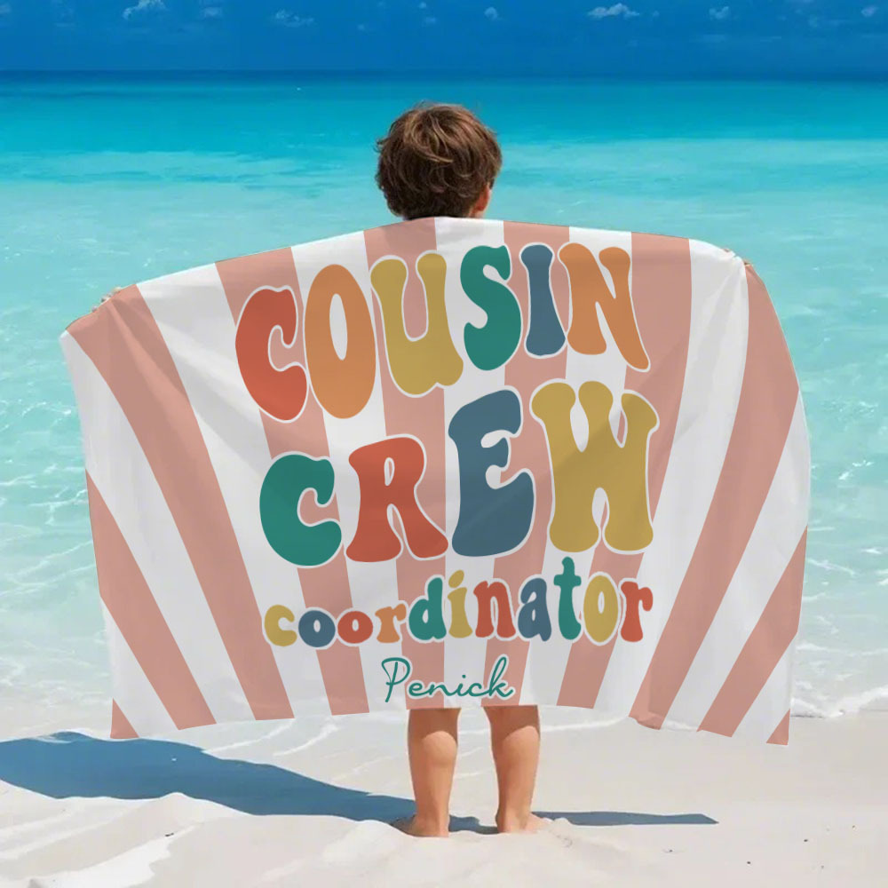 Personalized Cousin Beach Towel, Kids Custom Name Pool Towel, Cousin Vacation Crew Gift, Cousin Family Reunion Gift - FaceBoxerUK