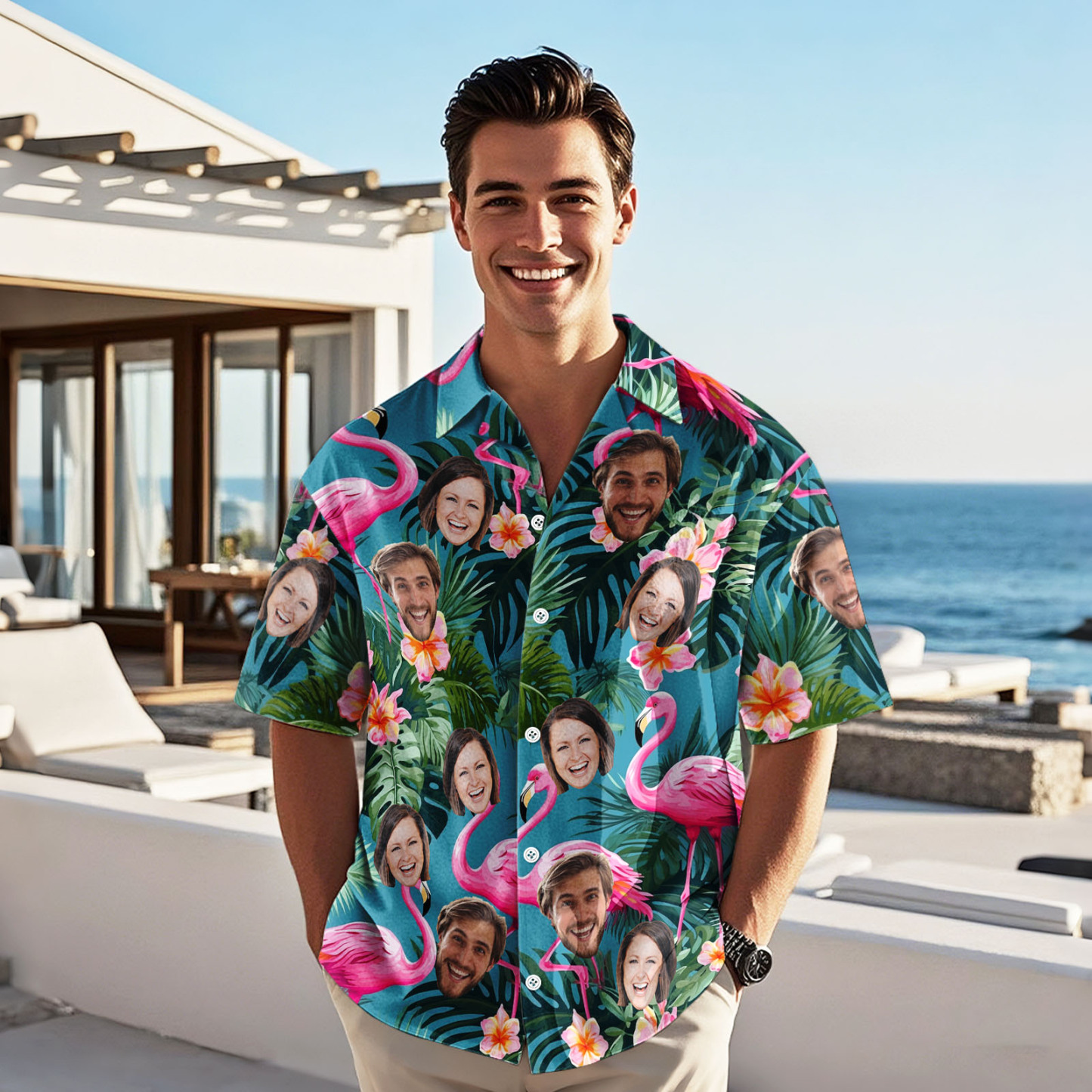 Custom Face Pink Flower Hawaiian Shirt Personalised Pink Flamingo Pattern Hawaiian Shirt Gift For Him - FaceBoxerUK