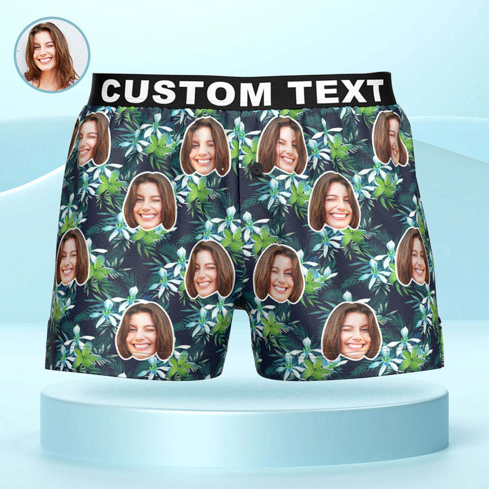 Custom Face Flowers and Leaves Design Boxer Shorts Personalized Waistband Casual Underwear for Him - FaceBoxerUK