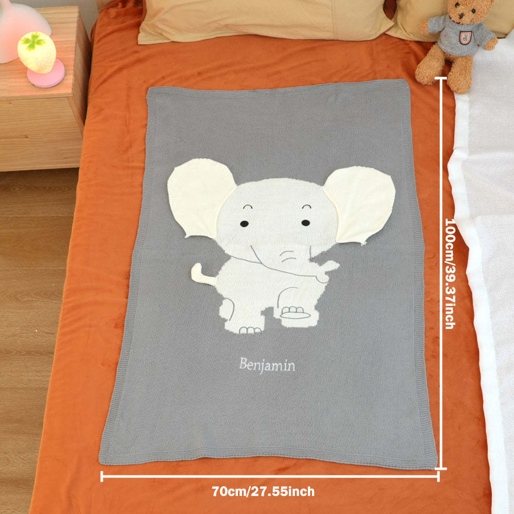 Personalized Baby Blanket Knitting Blanket Grey Elephant with Name Gift for Baby - FaceBoxerUK