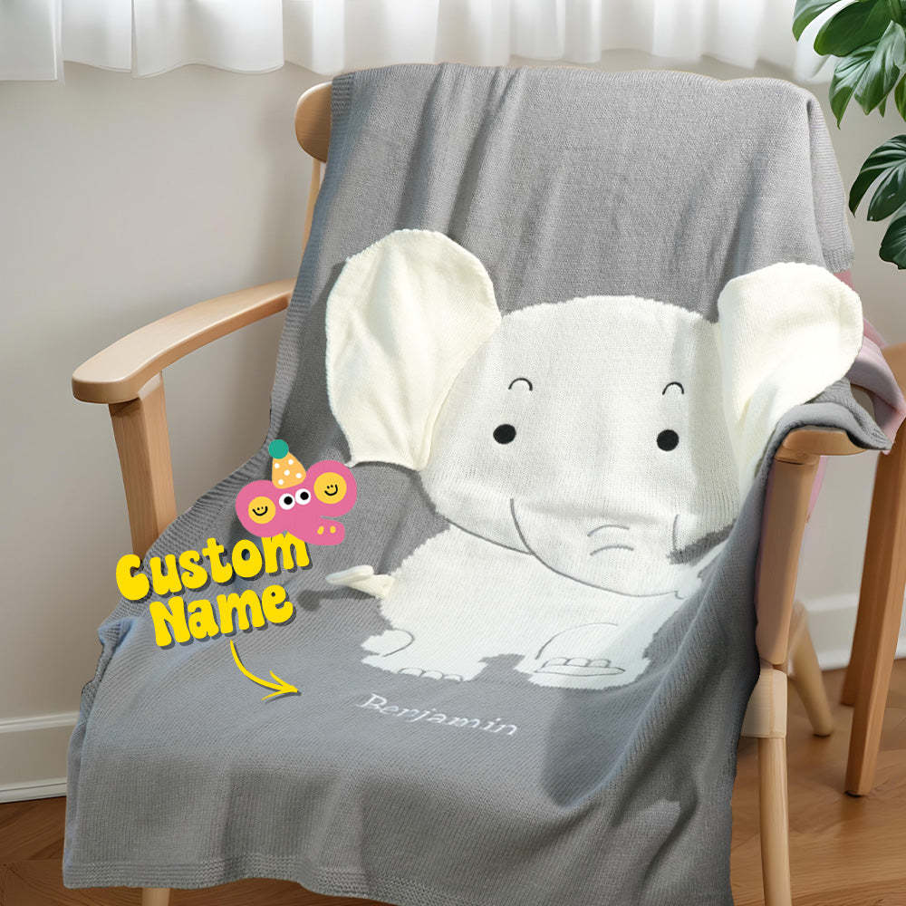 Personalized Baby Blanket Knitting Blanket Grey Elephant with Name Gift for Baby - FaceBoxerUK