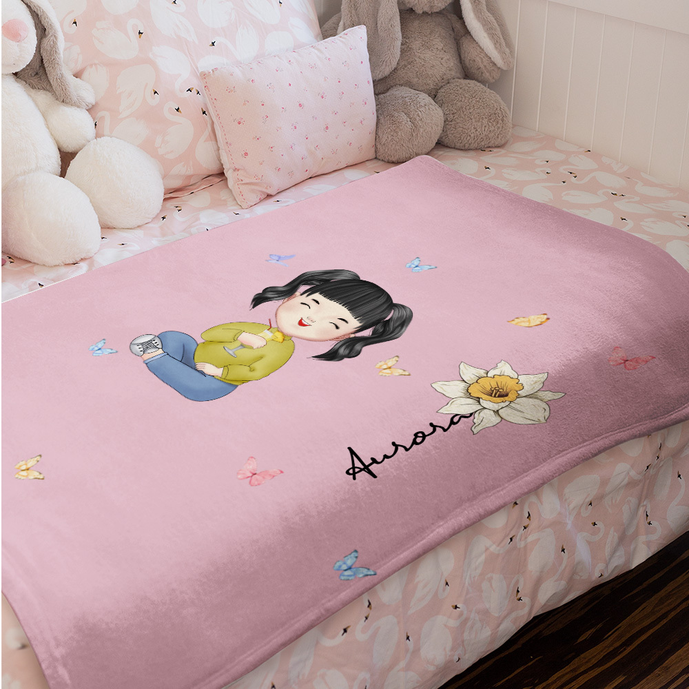 Personalized Cute Cartoon Character Heart Birth Flower Soft Throw Blanket with Name Birthday Christmas Gift