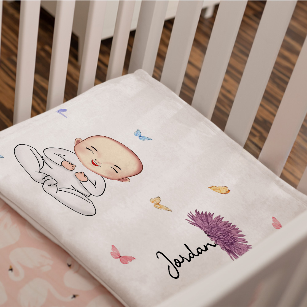 Personalized Cute Cartoon Character Heart Birth Flower Soft Throw Blanket with Name Birthday Christmas Gift