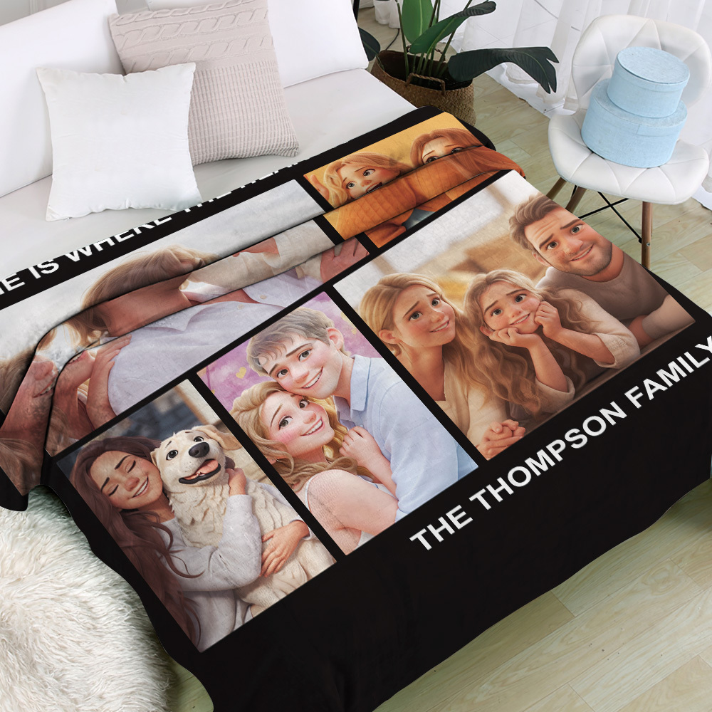 Photo Blanket Personalized Cartoon Photo Family Blanket 5 Photos Cartoon Effect Blanket Gift For Family