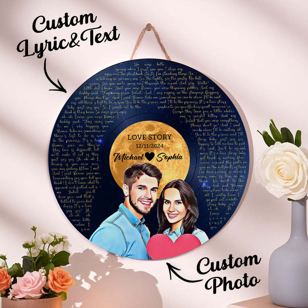 Personalized Vinyl Record Song Lyrics and Portrait Round Wood Sign Gift for Lover - FaceBoxerUK