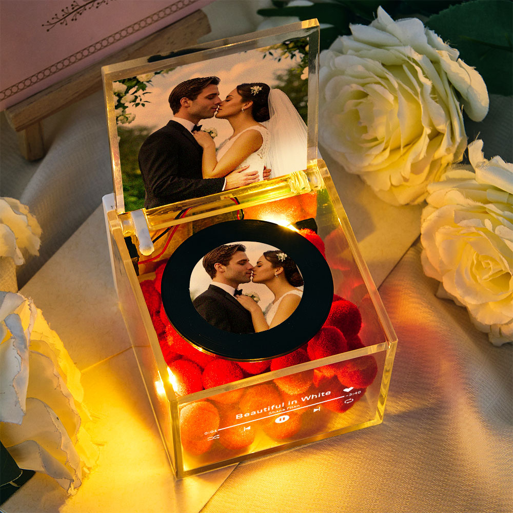 Personalized Mini Music Record Player For Wedding Custom Names and Calendar in an Acrylic Box Perfect for Newly Married Couples - FaceBoxerUK