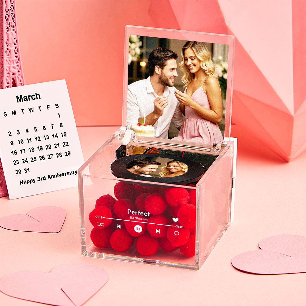 Anniversary Gifts Personalized Mini Music Record Player Custom Names and Calendar in an Acrylic Box - FaceBoxerUK