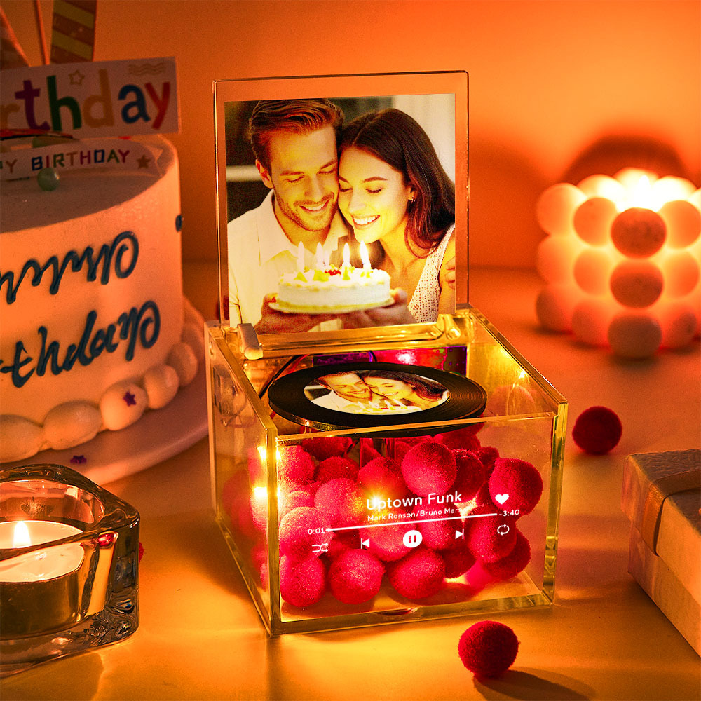 Personalized Red Heart Mini Music Record Player For Birthday Custom Names and Date in an Acrylic Box - FaceBoxerUK