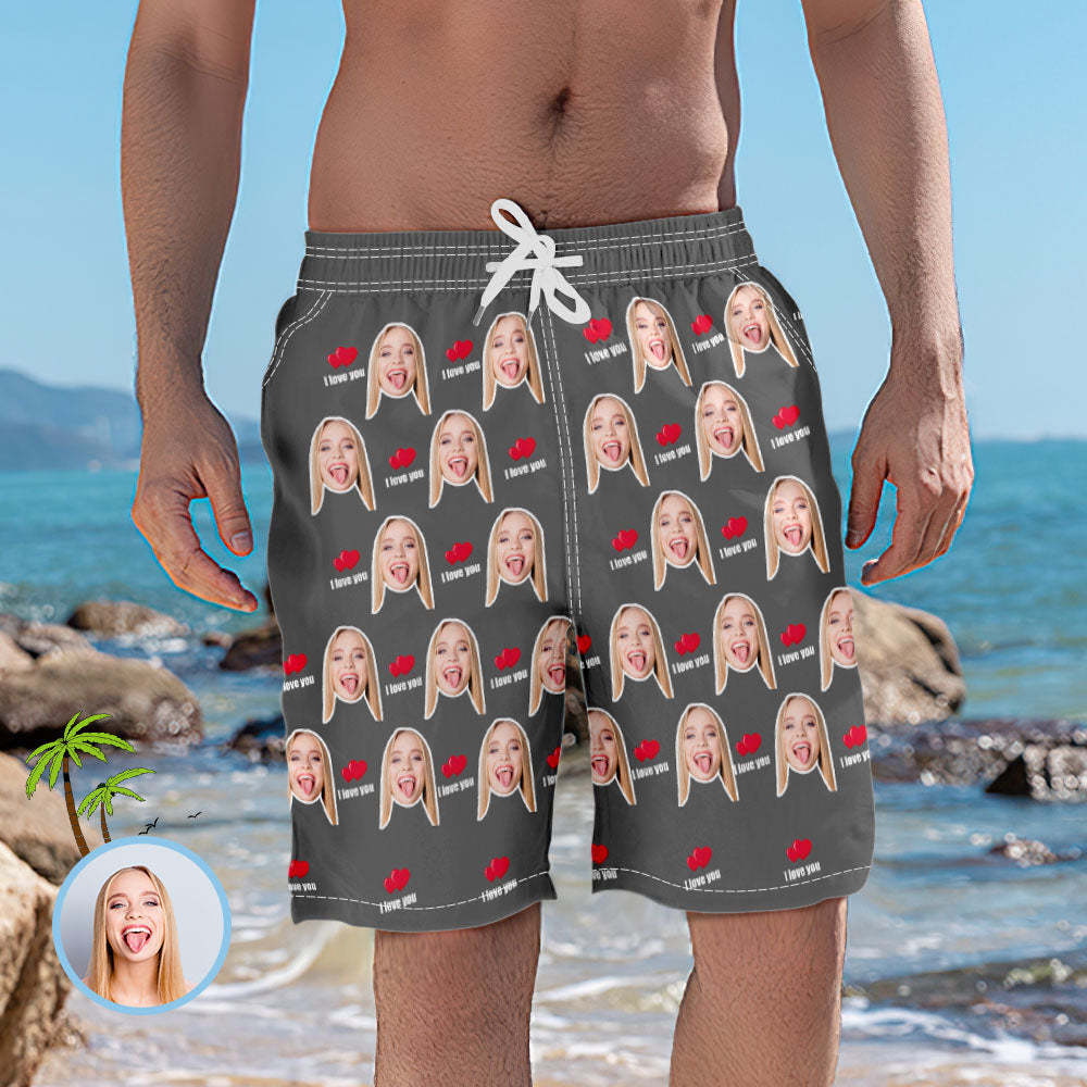 Men's Custom Face Elastic Beach Short Pants - I Love You - FaceBoxerUK