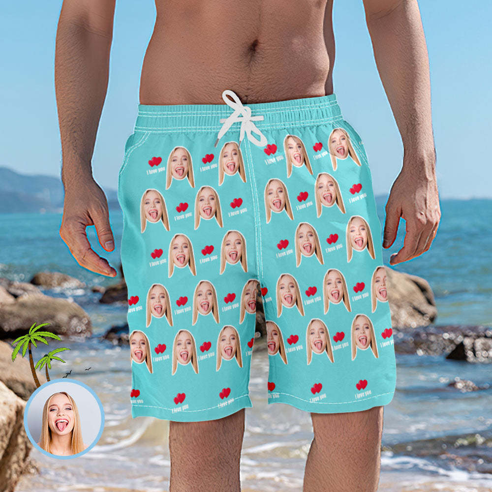 Men's Custom Face Elastic Beach Short Pants - I Love You - FaceBoxerUK
