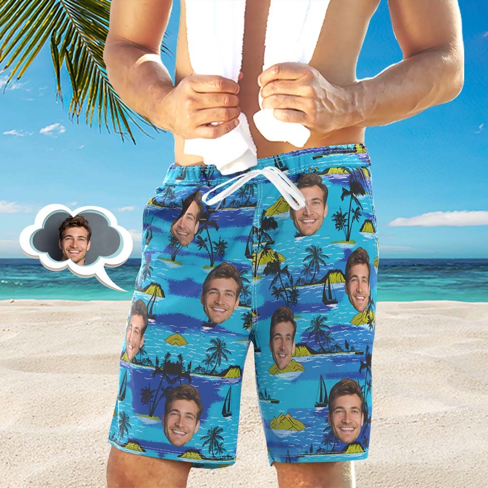 Men's Custom Face Beach Trunks All Over Print Photo Shorts - Tropical Island - FaceBoxerUK