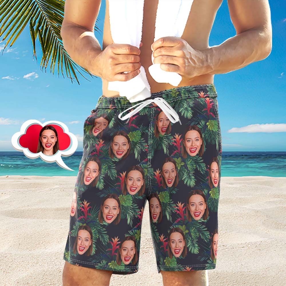 Men's Custom Face Beach Trunks All Over Print Photo Shorts - Tropical Leaves - FaceBoxerUK