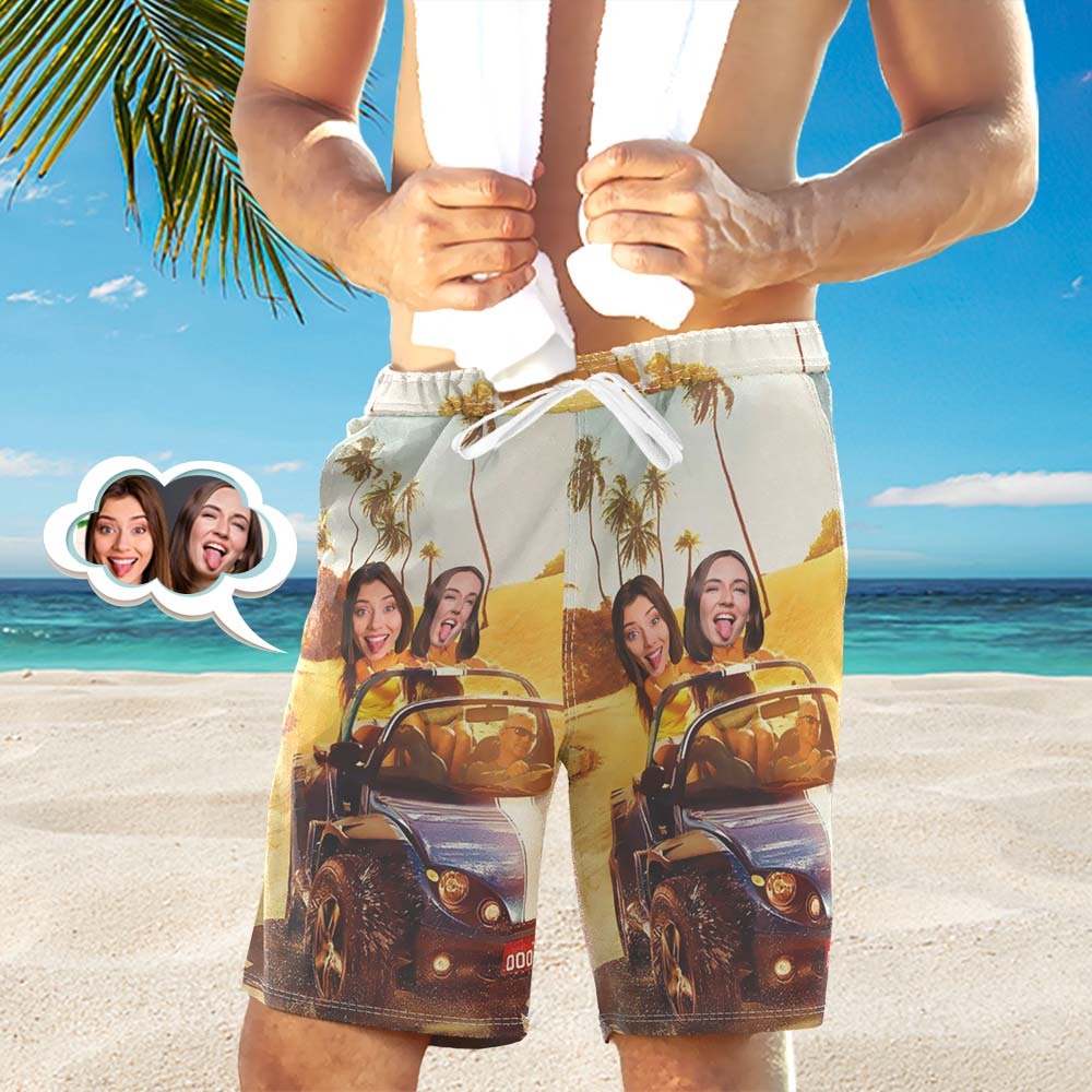 Men's Custom Face Beach Trunks All Over Print Photo Shorts - Driving on the Beach - FaceBoxerUK