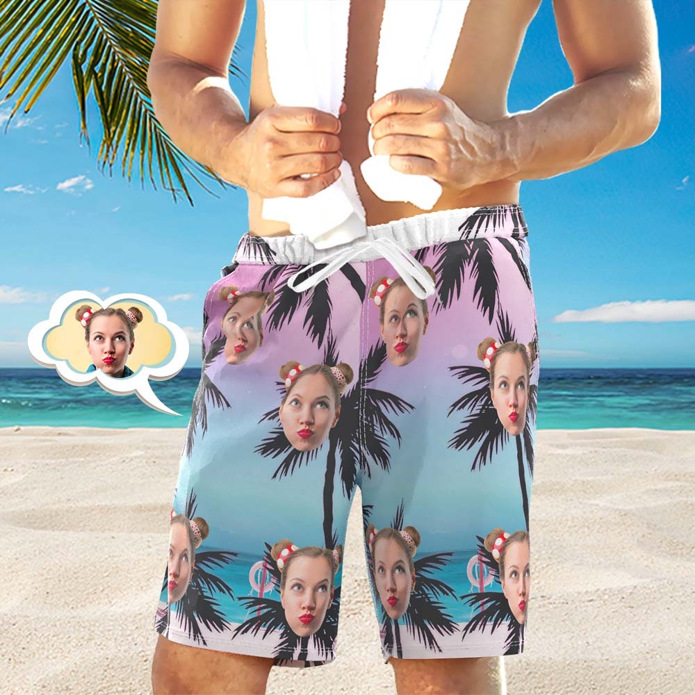 Men's Custom Face Beach Trunks All Over Print Photo Shorts - Palm - FaceBoxerUK