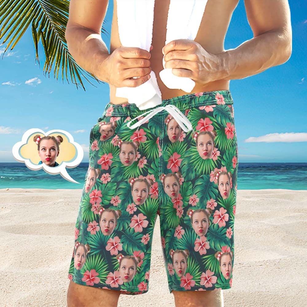 Men's Custom Face Beach Trunks All Over Print Photo Shorts - Green Leaves And Flowers - FaceBoxerUK