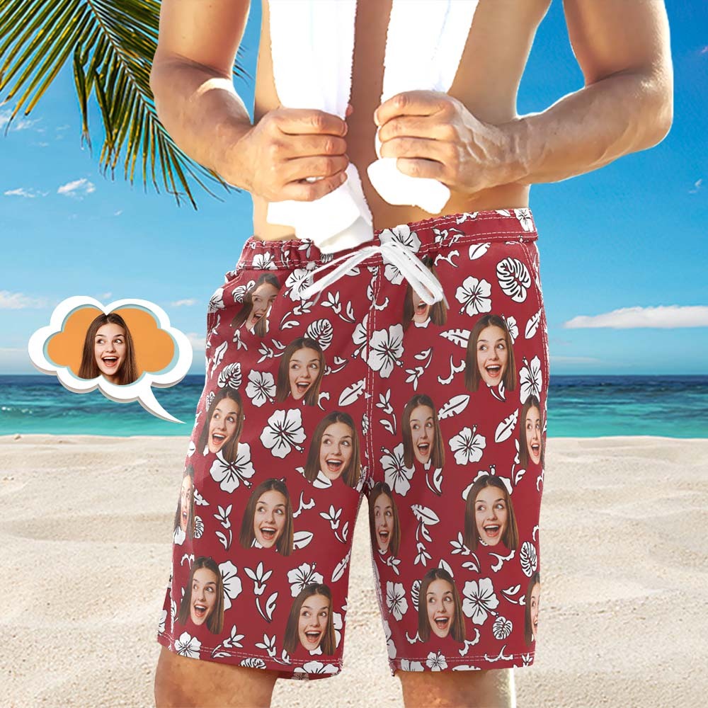 Men's Custom Face Beach Trunks All Over Print Photo Shorts Red - FaceBoxerUK