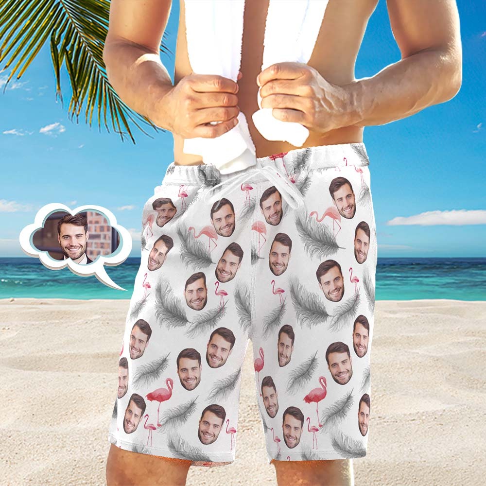 Men's Custom Face Beach Trunks All Over Print Photo Shorts - Feather And Flamingo White - FaceBoxerUK