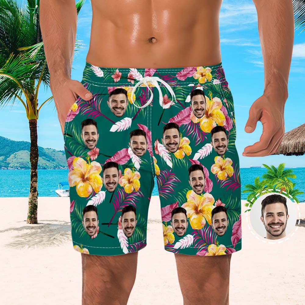 Men's Custom Face Beach Trunks All Over Print Photo Shorts Colored Feathers - FaceBoxerUK
