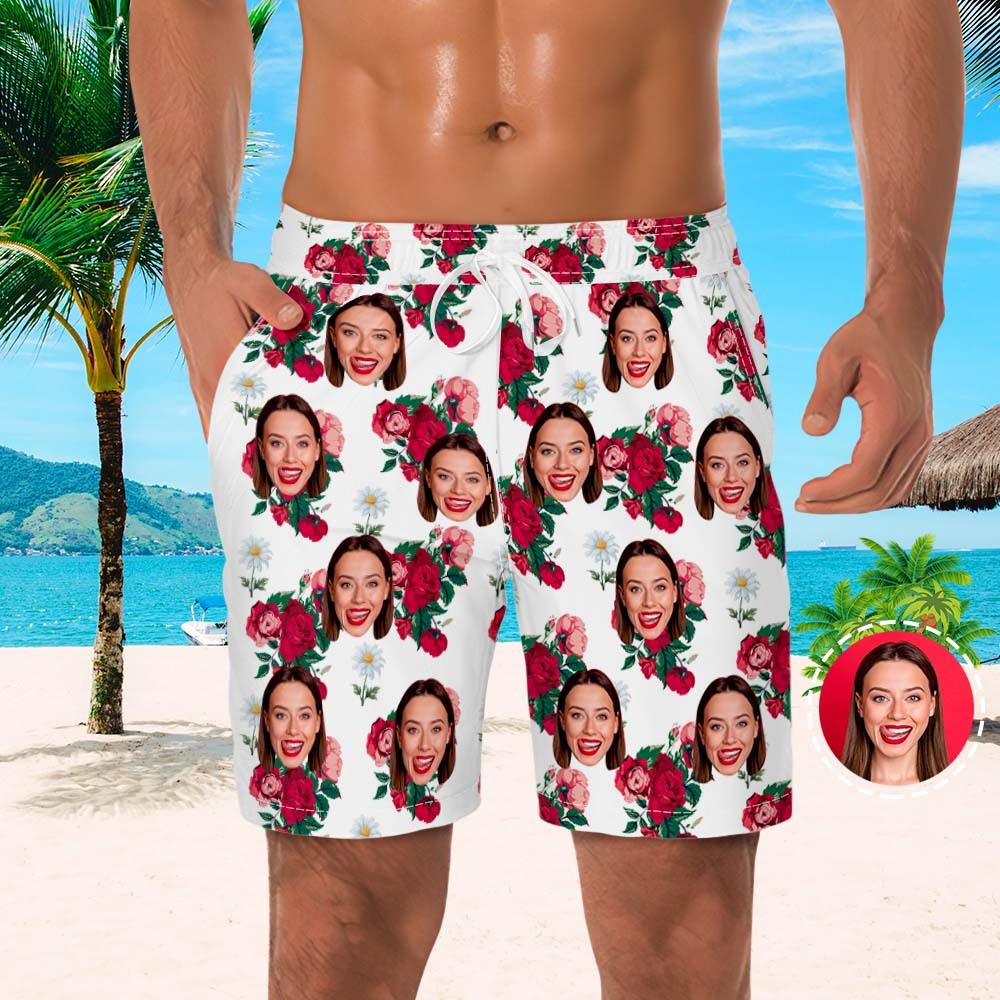 Men's Custom Face Beach Trunks All Over Print Photo Shorts Rose Flower - FaceBoxerUK