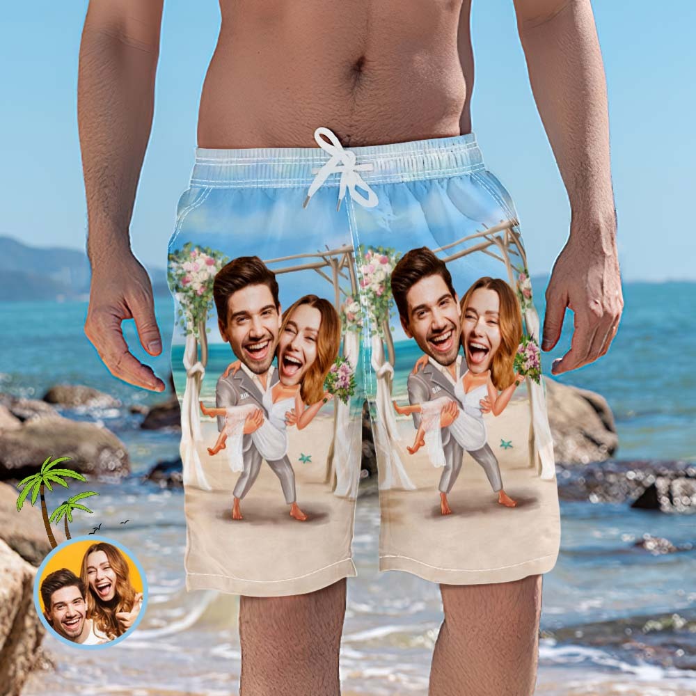 Custom Couple Face Beach Shorts Personalised Wedding Swim Trunks Funny Gifts For Boyfriend - FaceBoxerUK