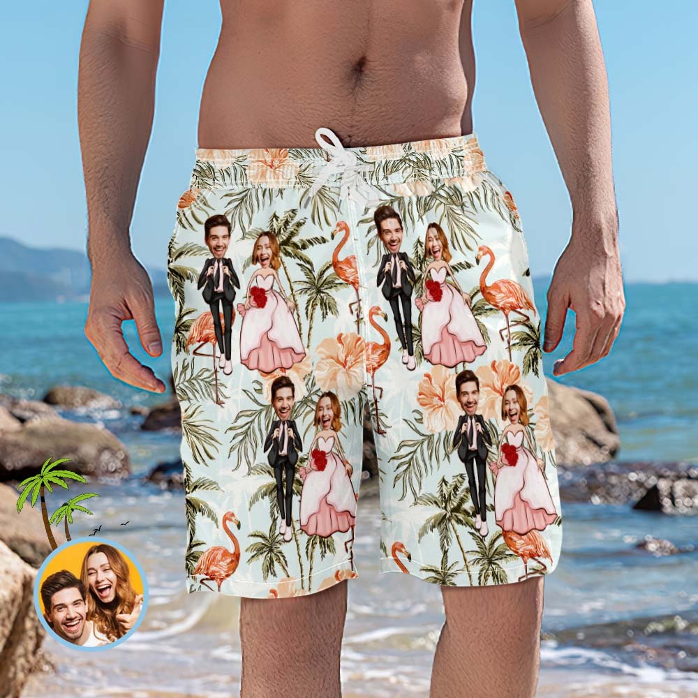 Custom Beach Shorts Personalised Flamingo and Coconut Trees Wedding Swim Trunks - FaceBoxerUK