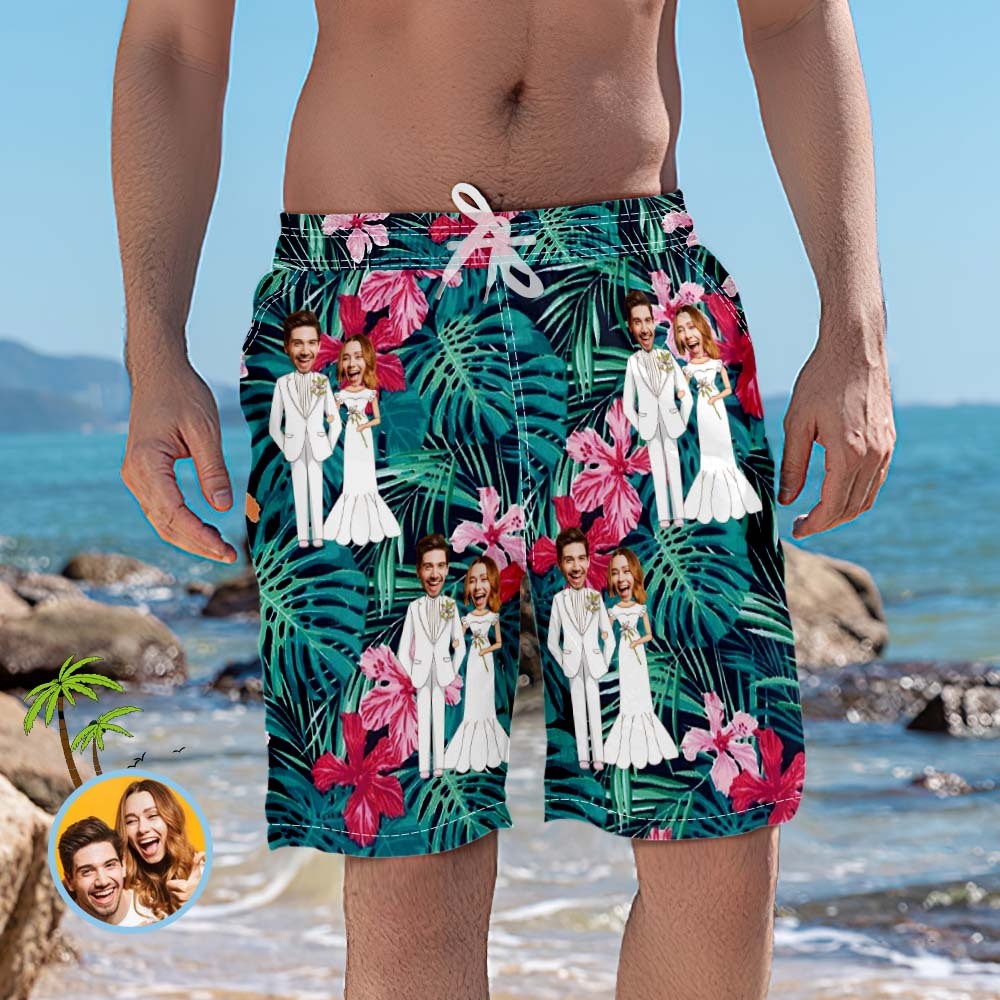 Personalised Wedding Flower Swim Trunks Custom Photo Beach Shorts Best Wedding Gift - FaceBoxerUK