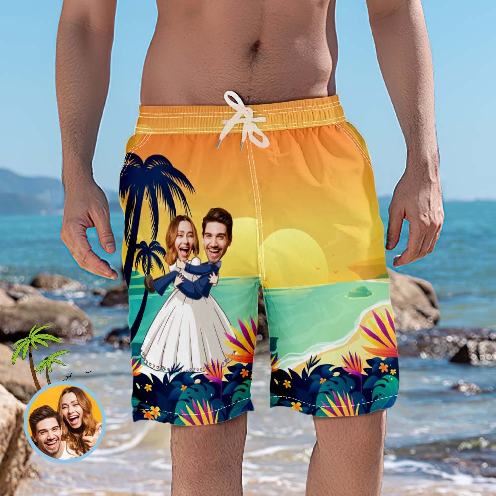 Personalised Beach Shorts Romantic Wedding Photo Swim Trunks - FaceBoxerUK
