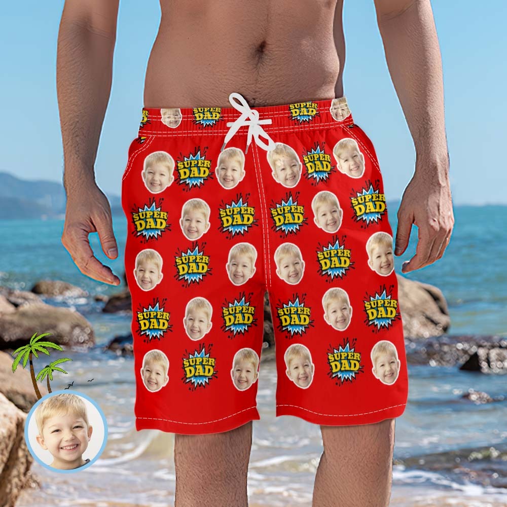 Custom Beach Shorts Photo Red Swim Trunks Father's Day Gift - Super Dad - FaceBoxerUK