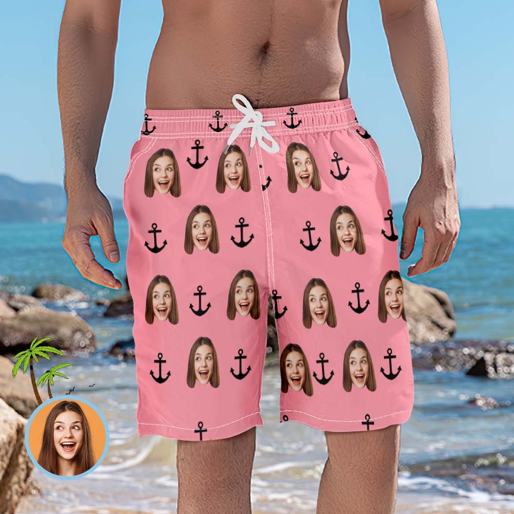 Custom Face Swim Trunks Personalised Pink Beach Shorts Funny Men's Casual Shorts - FaceBoxerUK