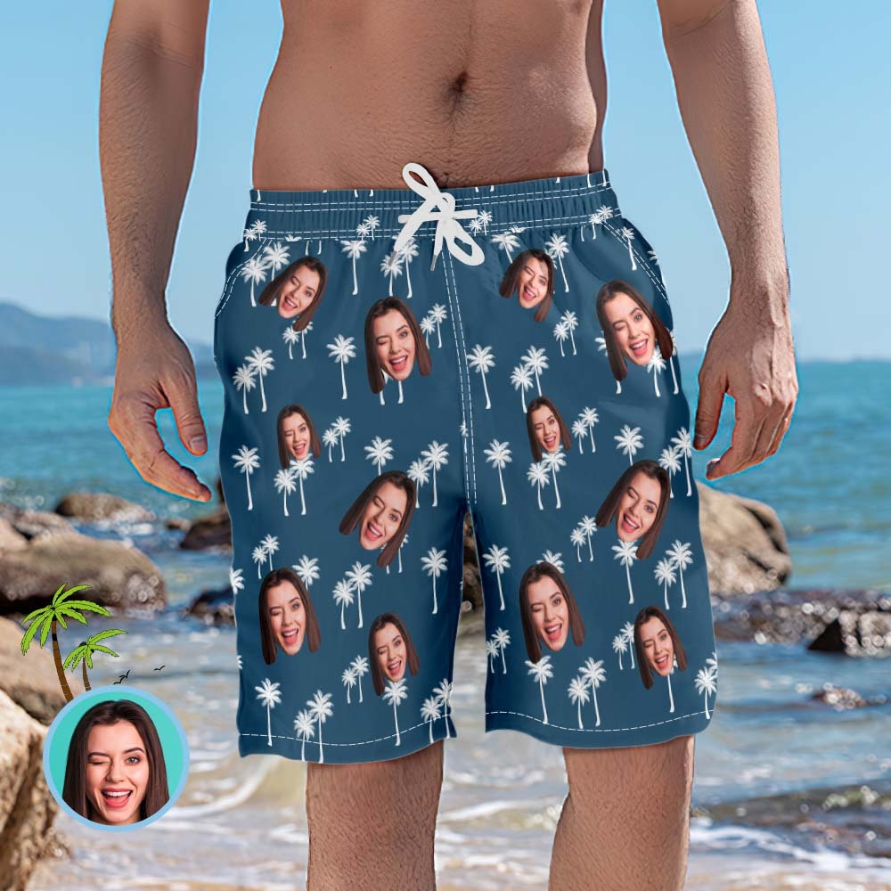 Men's Custom Face Beach Trunks Coconut Tree Photo Beach Shorts Gift for Men - FaceBoxerUK