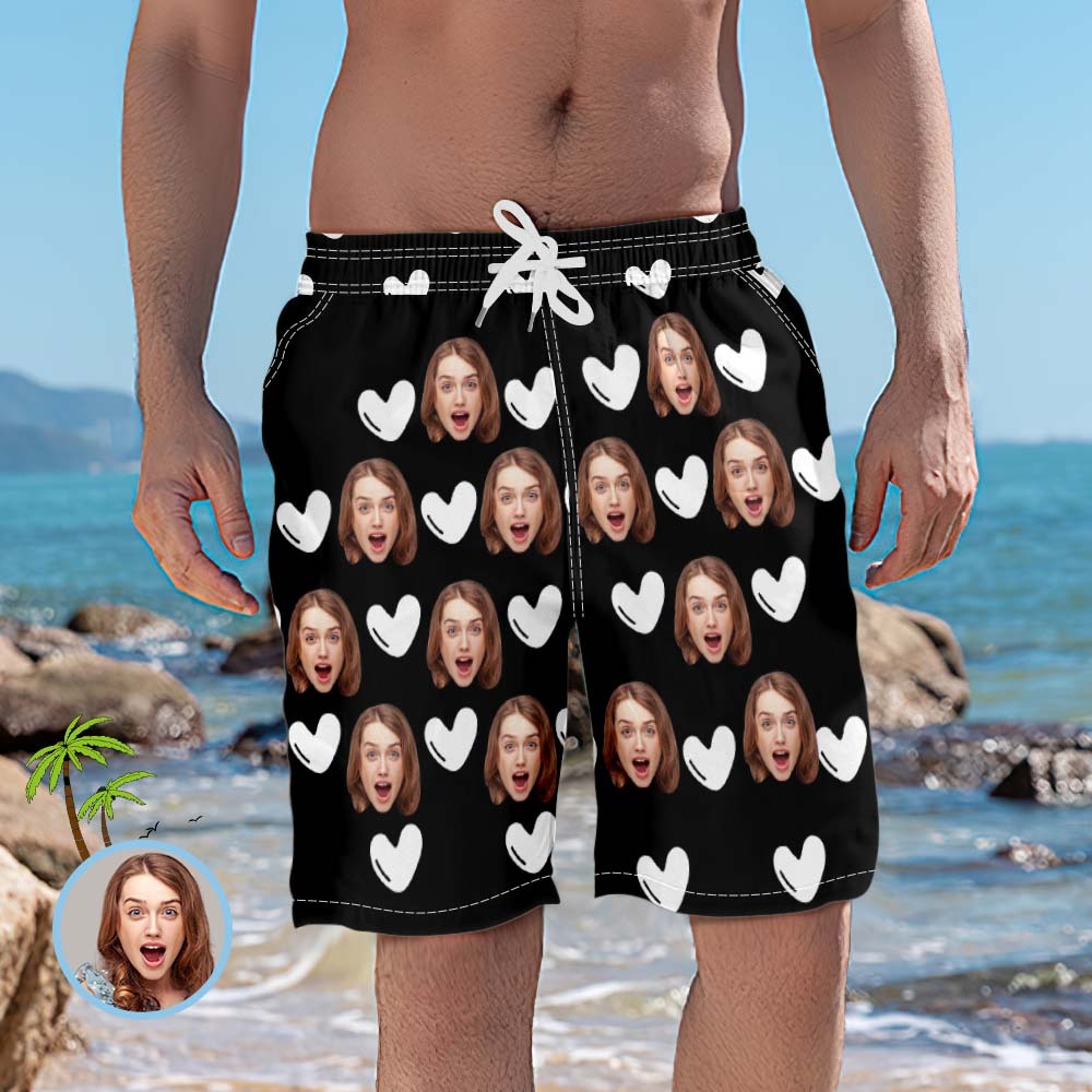 Personalised Beach Shorts for Men White Hearts Custom Face Swim Trunks - FaceBoxerUK