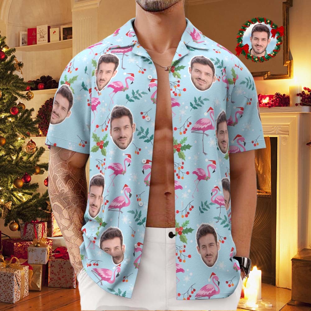 Custom Face All Over Print Men's Hawaiian Shirt Christmas Flamingo Seamless Pattern Hawaiian Shirt - FaceBoxerUK
