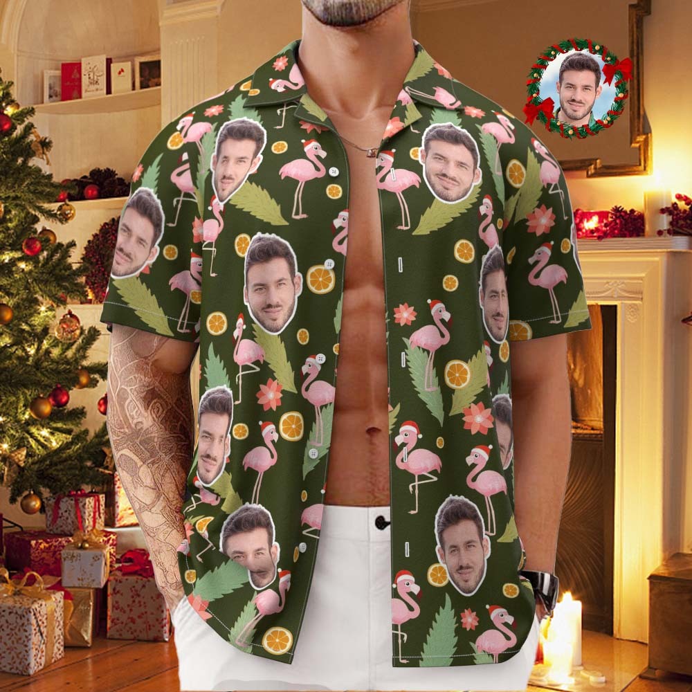 Custom Face All Over Print Men's Hawaiian Shirt Pink Flamingo Happy Christmas Hawaiian Shirt - FaceBoxerUK