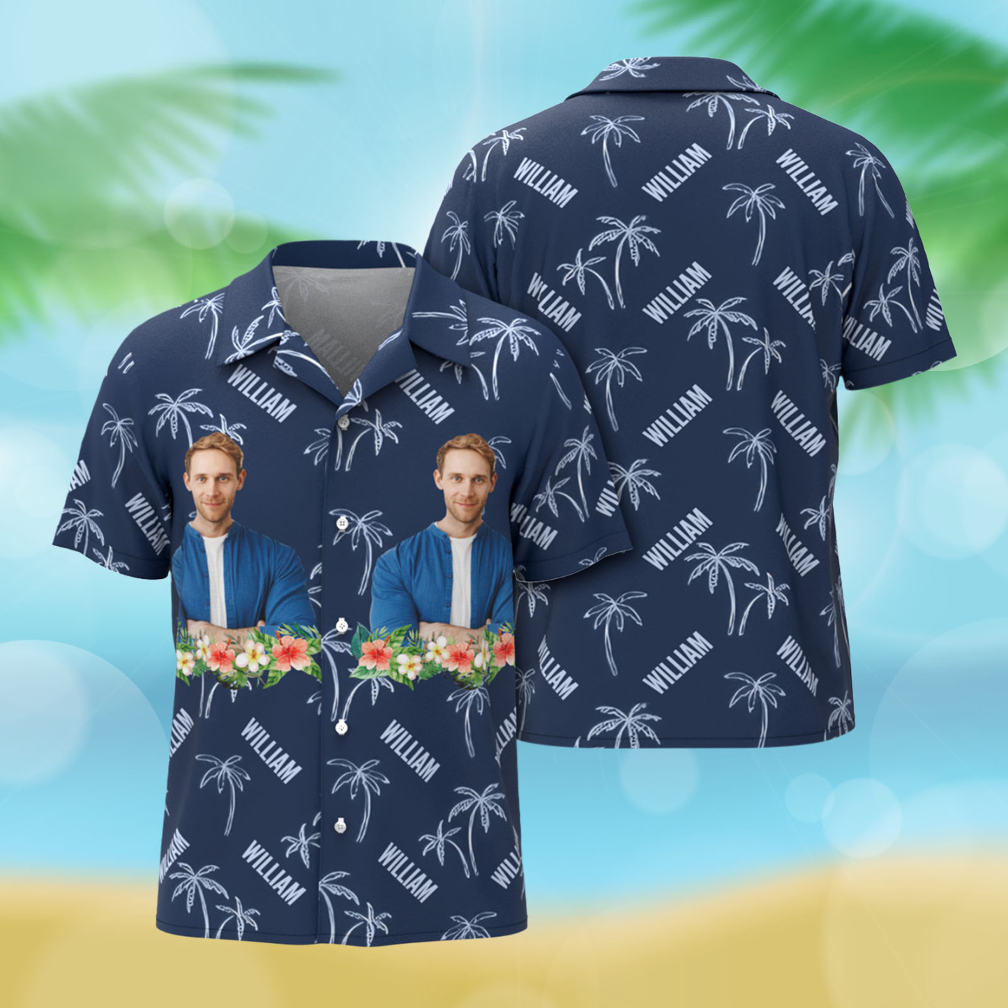 Name & Photo Hawaiian Shirts Men Dark Blue Button-down Shirts Personalized Beach Shirts - FaceBoxerUK