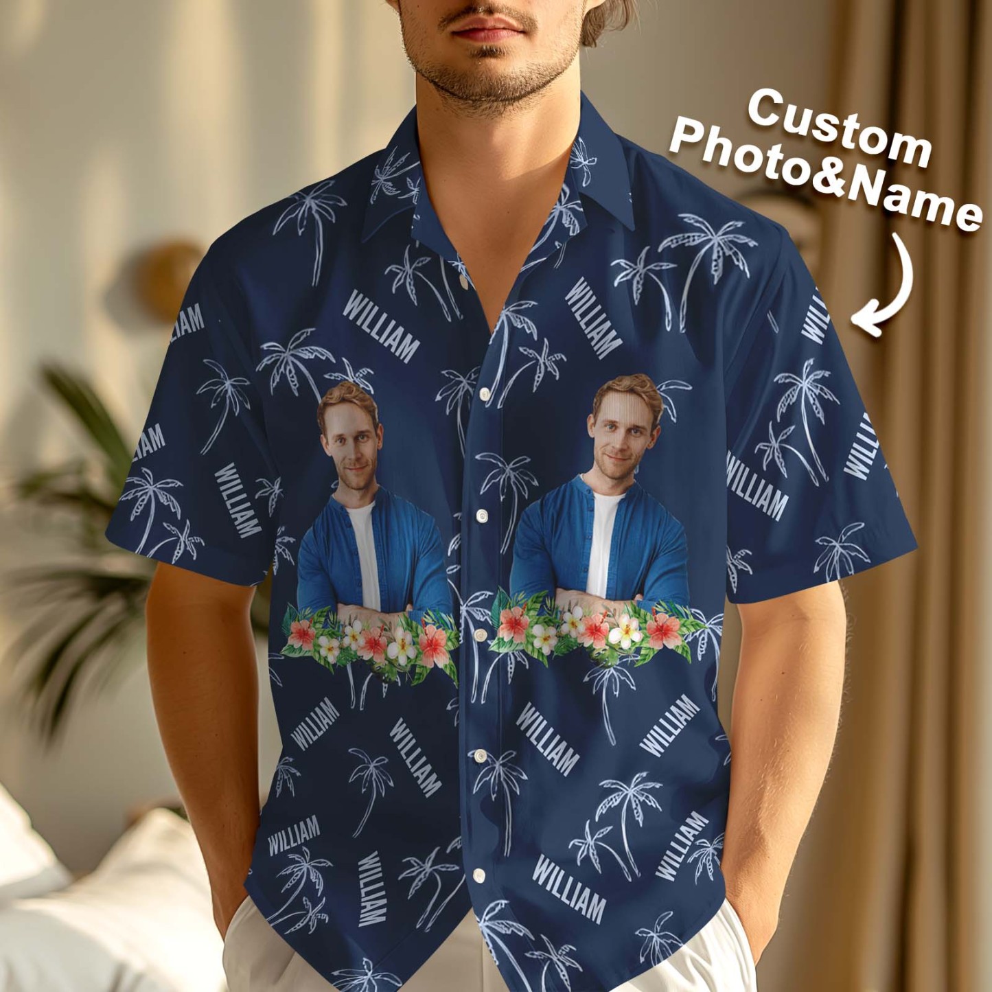 Name & Photo Hawaiian Shirts Men Dark Blue Button-down Shirts Personalized Beach Shirts - FaceBoxerUK