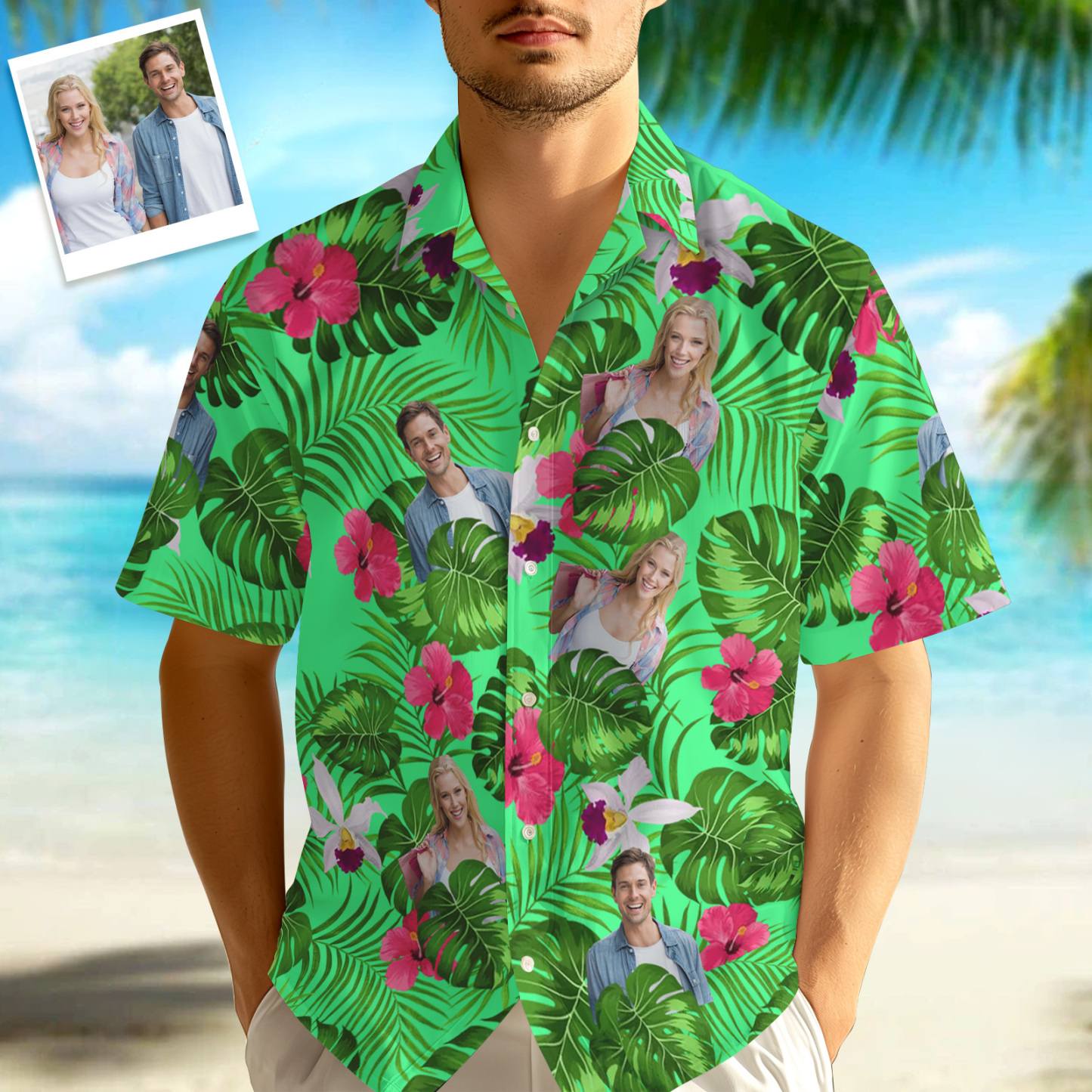 Custom Photo Tropical Style Hawaii Shirt, 1-3 Photos Optional, Bright Hawaiian Button-down Shirt - FaceBoxerUK
